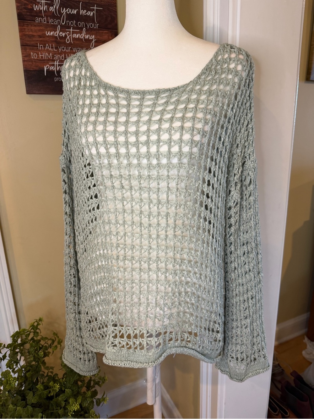 Miracle Sage Green Open Crochet Knit Sweater Top Boho Small